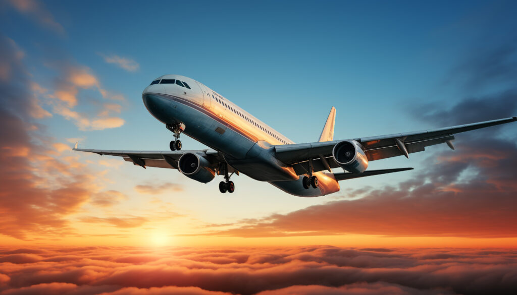 Flying commercial airplane in sunset, business travel mode generated by AI